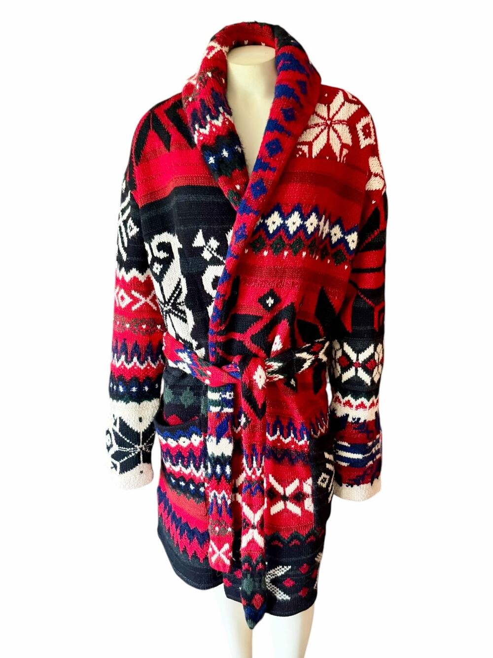 Polo Ralph Lauren Snowflake-Motif Intarsia Jacquard Wool-Blend Wrap Cardigan Lg